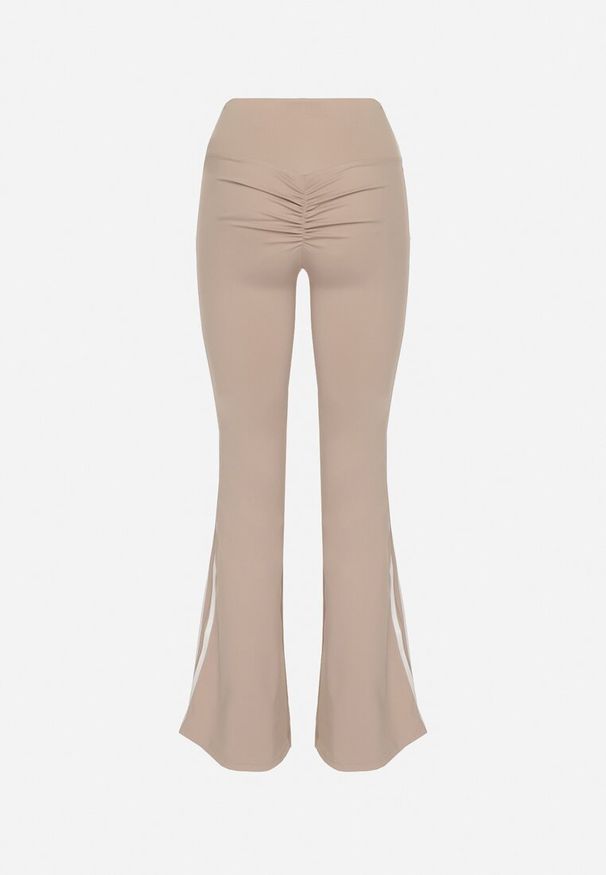 Born2be - Beżowe Marszczone Legginsy Dzwony z Wysokim Stanem i Lampasami Nakatia. Okazja: na co dzień. Stan: podwyższony. Kolor: beżowy. Styl: elegancki, casual, sportowy