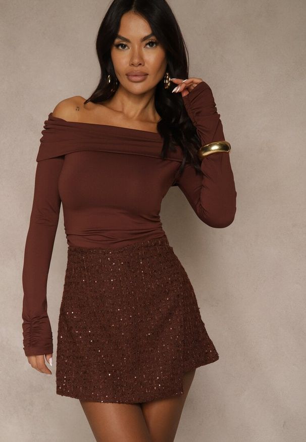 Renee - Brązowe Cekinowe Spódnico-Szorty z Wełną Fedalia. Okazja: na imprezę. Kolor: brązowy. Materiał: wełna. Wzór: aplikacja
