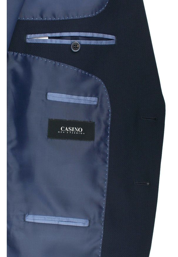 Męski, Taliowany Garnitur (Wesele, Studniówka) - Casino - Ciemny Granat. Materiał: poliester, wiskoza
