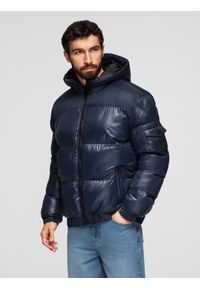 Ombre Clothing - Ciepła kurtka męska puffer ze ściągaczami – granatowa V2 - Rozmiar: XXL. Okazja: na co dzień. Typ kołnierza: kaptur. Kolor: niebieski. Materiał: poliester, guma, tkanina, materiał, nylon, syntetyk. Wzór: aplikacja. Sezon: zima. Styl: casual #1