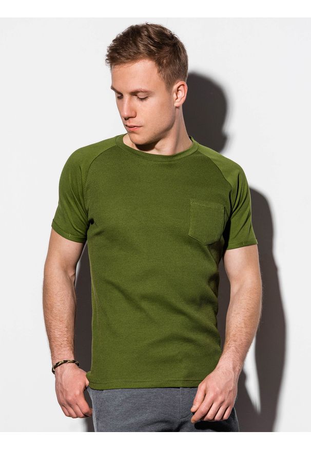 Ombre Clothing - T-shirt męski bez nadruku S1182 - oliwkowy - XXL. Kolor: oliwkowy. Materiał: bawełna, tkanina, poliester. Styl: klasyczny