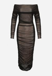 Born2be - Czarno-Beżowa Marszczona Sukienka Siateczkowa Hiszpanka z Wywiniętym Dekoltem Tinaveris. Typ kołnierza: dekolt hiszpanka. Kolor: czarny. Długość rękawa: długi rękaw. Sezon: lato. Styl: klasyczny, elegancki #2