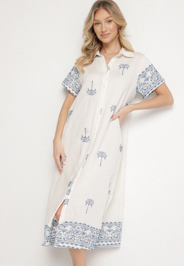 Born2be - Biała Pudełkowa Sukienka z Wiskozą o Koszulowym Kroju Zdobiona Haftem Sanori. Okazja: na co dzień. Kolor: biały. Materiał: wiskoza. Długość rękawa: krótki rękaw. Wzór: aplikacja, haft. Typ sukienki: koszulowe. Styl: casual, klasyczny