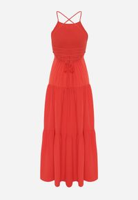 Renee - Czerwona Rozkloszowana Maxi Sukienka z Falbankami i Wiązaniem na Tyle Karins. Typ kołnierza: kołnierz z falbankami. Kolor: czerwony. Materiał: dzianina. Długość rękawa: na ramiączkach. Wzór: aplikacja, gładki. Długość: maxi #6