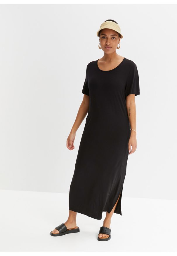 bonprix - Wygodna sukienka shirtowa midi z rozcięciem. Kolor: czarny. Długość: midi