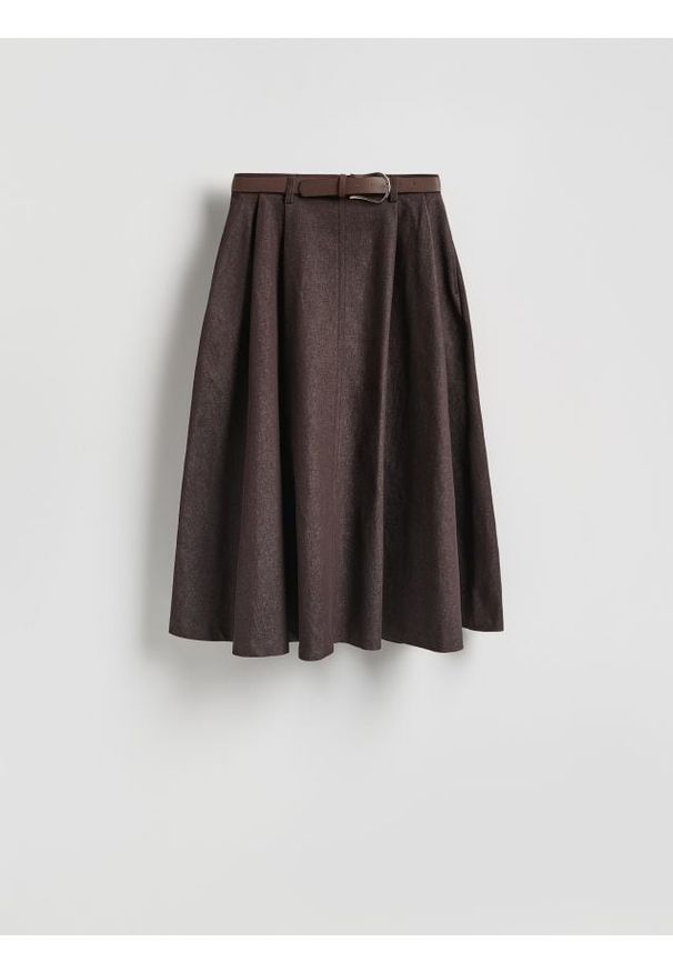 Reserved - Spódnica midi z paskiem - brązowy. Kolor: brązowy. Materiał: bawełna, tkanina