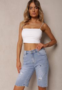 Renee - Jasnoniebieskie Szorty Jeansowe High Waist z Bawełny z Przetarciami Nelsandra. Stan: podwyższony. Kolor: niebieski. Materiał: jeans, bawełna. Długość: krótkie. Styl: elegancki, wizytowy