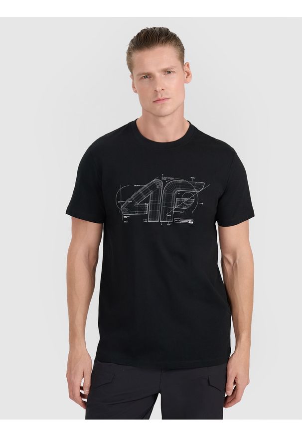 4f - 4F T-shirt regular z nadrukiem męski - czarny S. Okazja: na co dzień. Kolor: czarny. Materiał: bawełna, materiał, jersey. Długość rękawa: krótki rękaw. Długość: krótkie. Wzór: nadruk. Styl: klasyczny, casual, sportowy