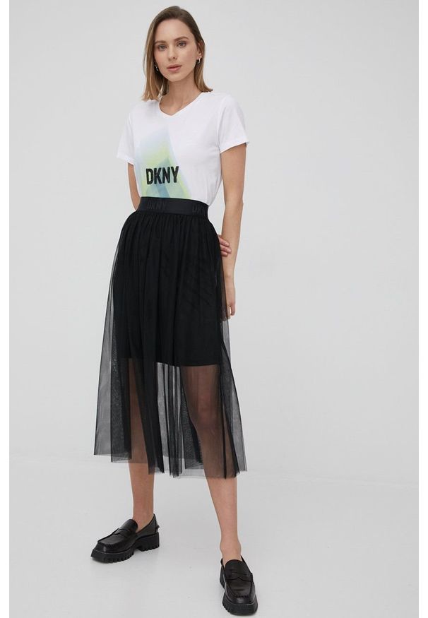 DKNY - Dkny spódnica kolor czarny midi rozkloszowana. Kolor: czarny. Materiał: tkanina. Wzór: gładki