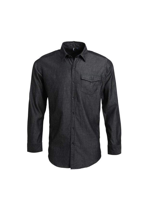 PREMIER - Męska Koszula Jeansowa Z Przeszyciami. Kolor: czarny. Materiał: jeans