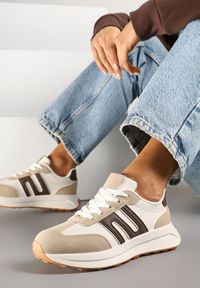 Renee - Ciemnobeżowe Sneakersy Ozdobione Geometrycznym Wzorem Eldvisa. Okazja: na co dzień. Kolor: beżowy. Materiał: jeans. Wzór: geometria, aplikacja