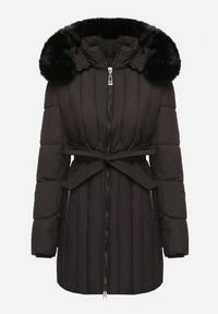 Born2be - Czarna Kurtka z Pionowymi Pikowanymi Przeszyciami i Kapturem z Futrem Wiązana w Pasie Leoriya. Okazja: na co dzień. Kolor: czarny. Materiał: futro. Styl: casual #7