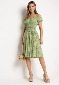 Born2be - Jasnozielona Sukienka Hiszpanka z Elastyczną Gumką w Talii z Bawełny Oaias. Okazja: na co dzień. Typ kołnierza: dekolt hiszpanka. Kolor: zielony. Materiał: bawełna. Długość rękawa: krótki rękaw. Typ sukienki: proste. Styl: casual, elegancki #2
