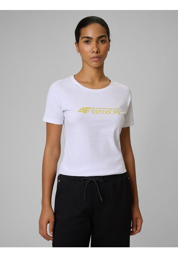 4f - 4F T-shirt slim z nadrukiem damski - biały S. Okazja: na co dzień. Kolor: biały. Materiał: materiał. Wzór: nadruk. Styl: casual