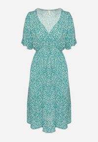 Born2be - Zielona Sukienka z Bawełny Rozkloszowana w Kwiaty Esirive. Typ kołnierza: dekolt w kształcie V. Kolor: zielony. Materiał: bawełna. Długość rękawa: krótki rękaw. Wzór: kwiaty #3