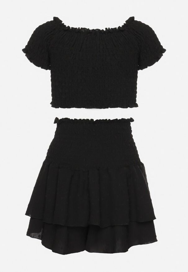 Born2be - Czarny Komplet Top w Stylu Hiszpanki i Spódnico-Szorty z Gumką Quillatta. Kolor: czarny. Wzór: aplikacja