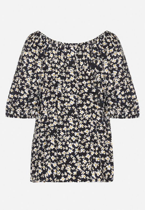 Born2be - Czarna Bluzka w Kwiaty o Trapezowym Kroju z Krótkim Rękawem Amisiana. Okazja: na co dzień. Typ kołnierza: dekolt w łódkę. Kolor: czarny. Materiał: jeans. Długość rękawa: krótki rękaw. Długość: krótkie. Wzór: kwiaty. Styl: casual, elegancki