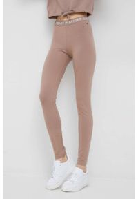 TOMMY HILFIGER - Tommy Hilfiger legginsy damskie kolor beżowy gładkie. Kolor: beżowy. Materiał: dzianina. Wzór: gładki #1