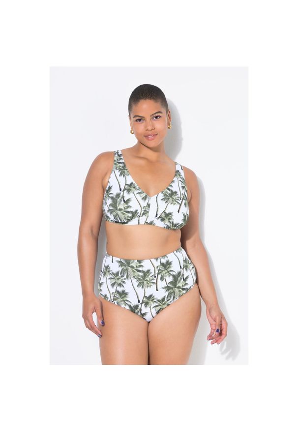 ULLA POPKEN - Damskie Figi od bikini wysoki stan nadruk z palmami. Stan: podwyższony. Kolekcja: plus size. Kolor: biały. Materiał: poliester, poliamid, materiał, elastan. Wzór: nadruk