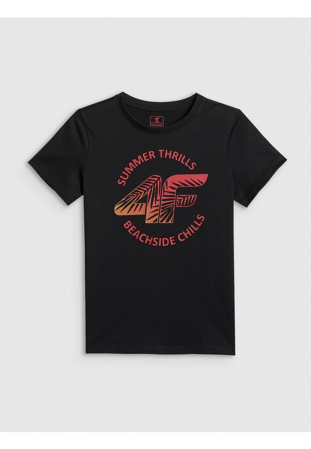4f - 4F T-shirt loose z nadrukiem chłopięcy - czarny 122 (6-7 lat). Okazja: na co dzień, na uczelnię. Kolor: czarny. Materiał: dzianina, materiał, dresówka, bawełna, skóra. Wzór: nadruk. Sezon: lato. Styl: casual