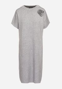 Born2be - Szara Sukienka z Wiskozą Bawełną i Odpinanym Kwiatem 3D Zeiada. Kolor: szary. Materiał: bawełna, wiskoza. Wzór: kwiaty #4