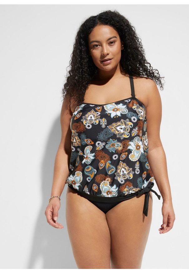 bonprix - Top tankini. Okazja: na plażę. Kolor: czarny. Długość rękawa: na ramiączkach. Wzór: nadruk