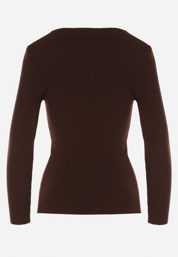 Born2be - Brązowy Dopasowany Sweter z Prążkowanej Dzianiny z Bawełną z Dekoltem w Serek Tesma. Okazja: na co dzień. Typ kołnierza: dekolt w serek. Kolor: brązowy. Materiał: dzianina, bawełna, prążkowany. Długość rękawa: długi rękaw. Długość: długie. Styl: casual, elegancki