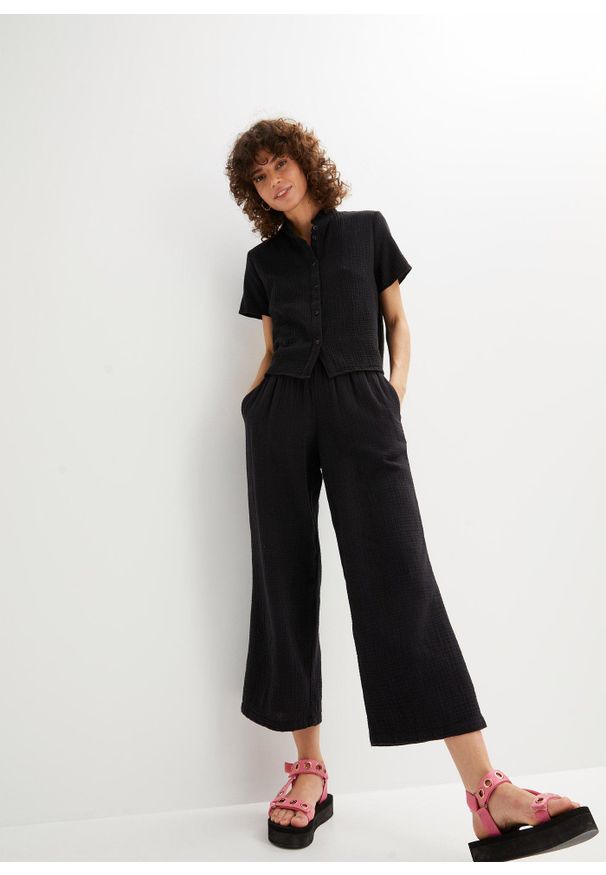 bonprix - Muślinowe spodnie culotte z bawełny. Kolor: czarny. Materiał: bawełna. Styl: elegancki