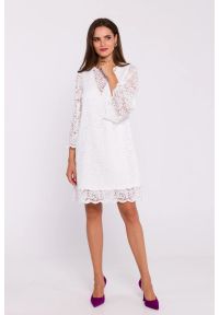 Stylove - Zjawiskowa sukienka koronkowa trapezowa w kolorze ecru. Materiał: koronka. Wzór: koronka, gładki. Typ sukienki: trapezowe. Styl: elegancki, klasyczny