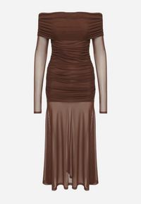 Born2be - Brązowa Taliowana Sukienka Typu Hiszpanka z Transparentnymi Wstawkami Halacia. Okazja: na imprezę. Typ kołnierza: dekolt hiszpanka. Kolor: brązowy. Styl: elegancki #6