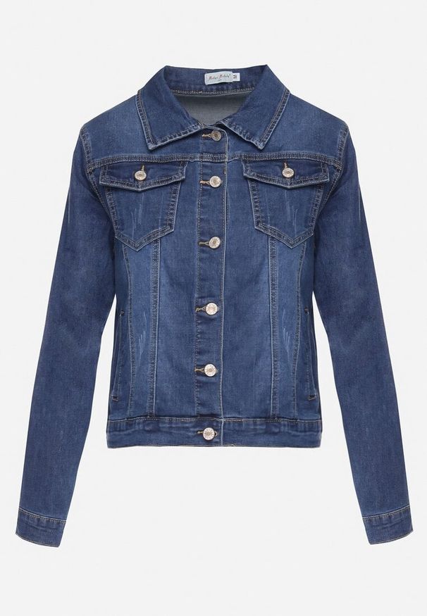 Born2be - Granatowa Jeansowa Kurtka z Przetarciami i Kieszeniami z Klapami Hazelle. Okazja: na co dzień. Kolor: niebieski. Materiał: jeans. Długość rękawa: długi rękaw. Długość: długie. Styl: klasyczny, elegancki, casual