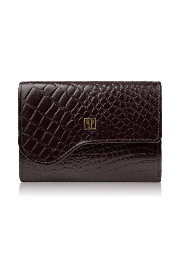PAOLO PERUZZI - Portfel damski skórzany mały brązowy croco w orientacji poziomej z ochroną RFID Paolo Peruzzi T-135-BR. Kolor: brązowy. Materiał: skóra