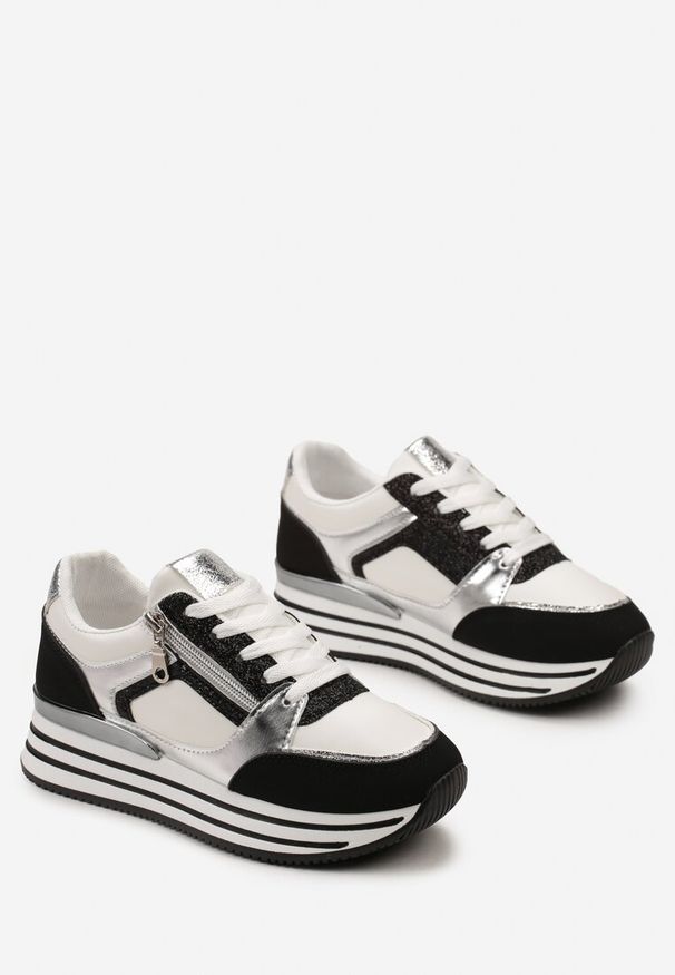Renee - Czarne Sneakersy z Metalicznymi Wstawkami i Brokatem na Grubej Podeszwie Anova. Kolor: czarny. Materiał: skóra. Sezon: wiosna