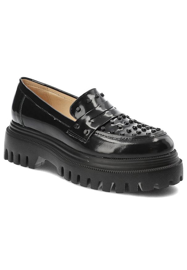 Czarne Półbuty Simen Modne Buty Damskie. Kolor: czarny. Materiał: skóra. Styl: rockowy, elegancki