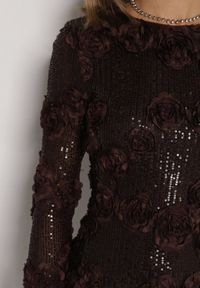 Born2be - Brązowa Cekinowa Sukienka z Kwiatami 3D Naweda. Okazja: na spotkanie biznesowe. Kolor: brązowy. Materiał: poliester, jeans. Wzór: kwiaty. Styl: biznesowy #4