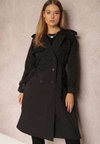 Renee - Czarny Płaszcz Trencz Dwurzędowy Długi Usdusa. Kolor: czarny. Długość: długie. Wzór: gładki. Sezon: wiosna, jesień #5