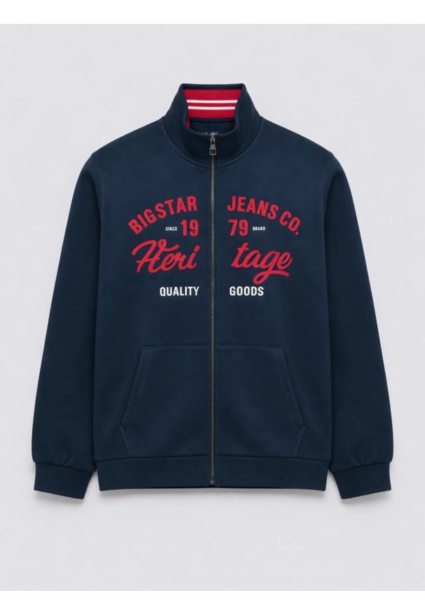 Big-Star - Bluza męska rozpinana z dużą aplikacją granatowa Shon 403. Okazja: na spacer, na co dzień, do pracy. Kolor: niebieski. Materiał: dzianina. Wzór: aplikacja. Styl: casual, sportowy