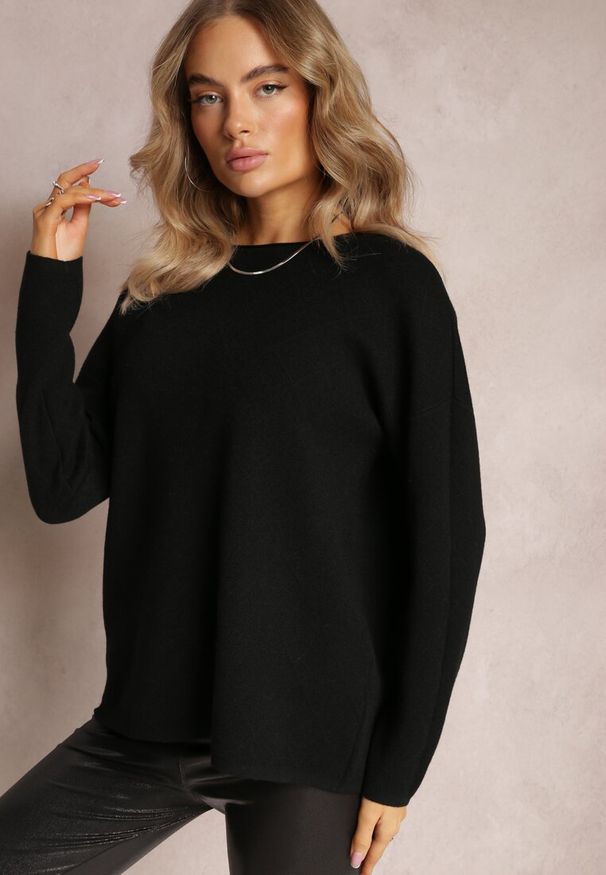 Renee - Czarny Sweter o Luźnym Kroju Enian. Kolor: czarny. Materiał: tkanina, dzianina. Długość rękawa: długi rękaw. Długość: długie. Styl: klasyczny