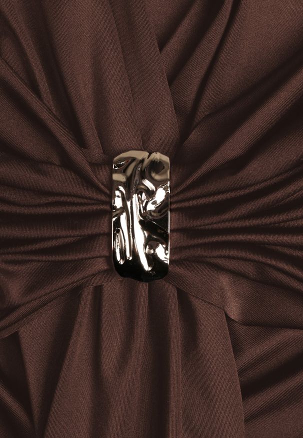 Born2be - Brązowa Elegancka Sukienka z Trenem i Rozcięciem Atissa. Okazja: na imprezę. Kolor: brązowy. Wzór: aplikacja. Styl: elegancki