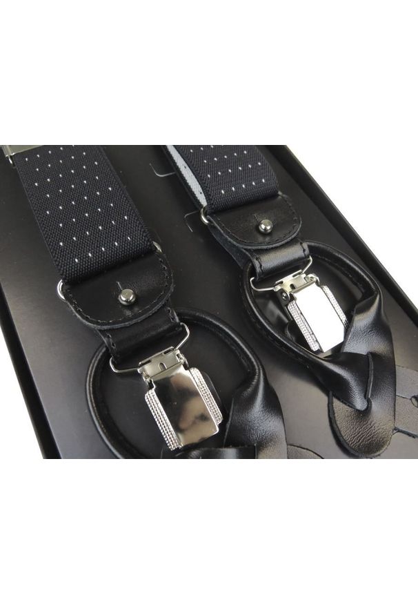 Modini - Szelki do spodni na guziki - czarne z białymi kropkami G20. Kolor: wielokolorowy, czarny, biały. Materiał: skóra, guma. Wzór: kropki