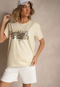 Renee - Beżowy T-shirt z Bawełny z Naszytymi Cekinami Avenelli. Okazja: na co dzień. Kolor: beżowy. Materiał: bawełna. Wzór: aplikacja. Styl: klasyczny, elegancki, casual