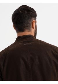 Ombre Clothing - Męska kurtka biker w stylu retro ze stójką – brązowa V1 - Rozmiar: L. Typ kołnierza: kołnierzyk stójkowy. Kolor: brązowy. Materiał: skóra, poliester, materiał. Styl: retro #11