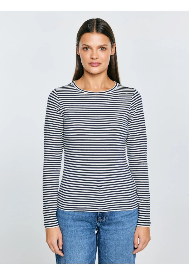 Big-Star - Bluzka damska w paski granatowa Vensa 403. Okazja: na co dzień. Kolor: niebieski. Materiał: dzianina, jeans. Długość rękawa: długi rękaw. Długość: długie. Wzór: paski. Styl: klasyczny, casual, elegancki