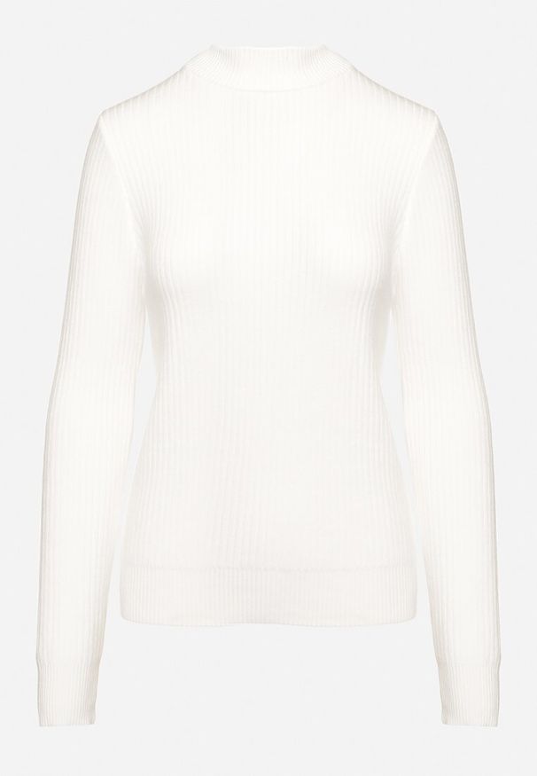 Born2be - Biały Sweter z Wiskozą i Golfem z Elastycznego Prążkowanego Materiału Nikiella. Okazja: na co dzień. Typ kołnierza: golf. Kolor: biały. Materiał: materiał, wiskoza, prążkowany. Styl: elegancki, klasyczny, casual