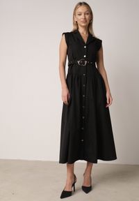 Born2be - Czarna Koszulowa Sukienka Bez Rękawów Ozdobiona Paskiem z Klamrą Phalixia. Okazja: na co dzień. Kolor: czarny. Długość rękawa: bez rękawów. Wzór: aplikacja. Typ sukienki: koszulowe. Styl: casual, elegancki #8