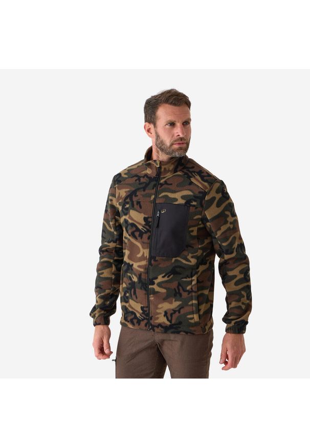SOLOGNAC - Polar outdoor Solognac 500 camo. Typ kołnierza: kołnierzyk stójkowy. Kolor: zielony. Materiał: bawełna, materiał, poliester. Sport: outdoor