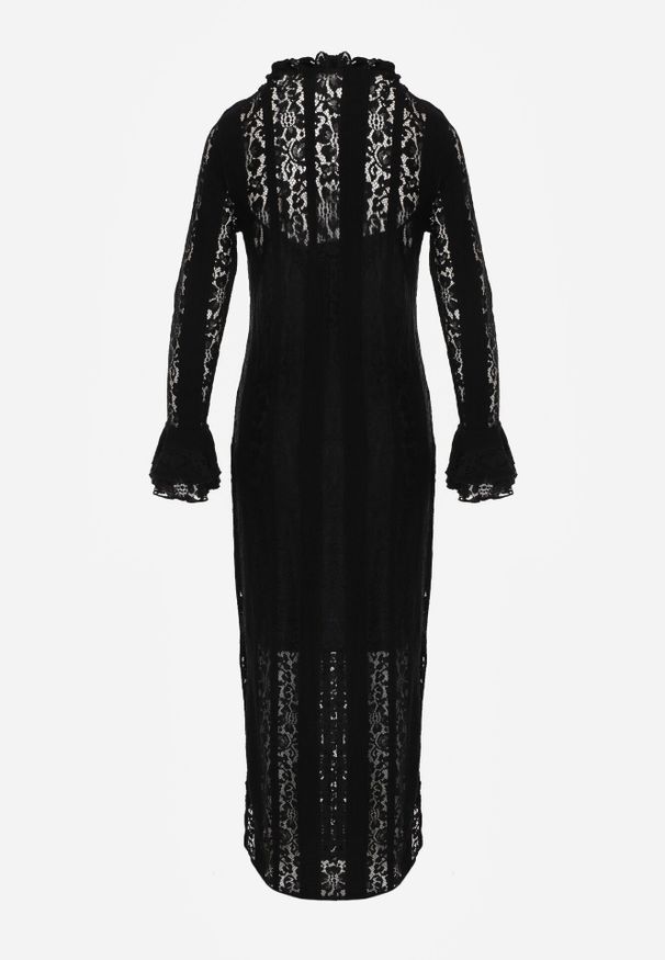 Born2be - Czarna Koronkowa Sukienka o Taliowanym Kroju z Wiązaniem przy Dekolcie Nevellirae. Okazja: na co dzień. Kolor: czarny. Materiał: koronka. Długość rękawa: na ramiączkach. Typ sukienki: proste. Styl: elegancki, klasyczny, casual