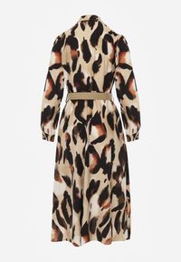 Renee - Beżowa Wzorzysta Sukienka o Koszulowym Kroju z Paskiem z Plecionki Mirirani. Okazja: na co dzień. Typ kołnierza: dekolt w kształcie V. Kolor: beżowy. Materiał: skóra, materiał, wiskoza. Wzór: nadruk. Typ sukienki: koszulowe. Styl: casual, elegancki #7