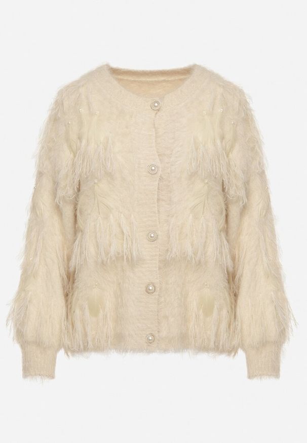 Born2be - Beżowy Kardigan z Wełną o Fakturze Imitującej Pióra z Ozdobnymi Guzikami Mevinalia. Okazja: na co dzień, na spotkanie biznesowe, do pracy. Kolor: beżowy. Materiał: wełna. Wzór: aplikacja. Sezon: zima, jesień. Styl: casual, biznesowy, elegancki, klasyczny