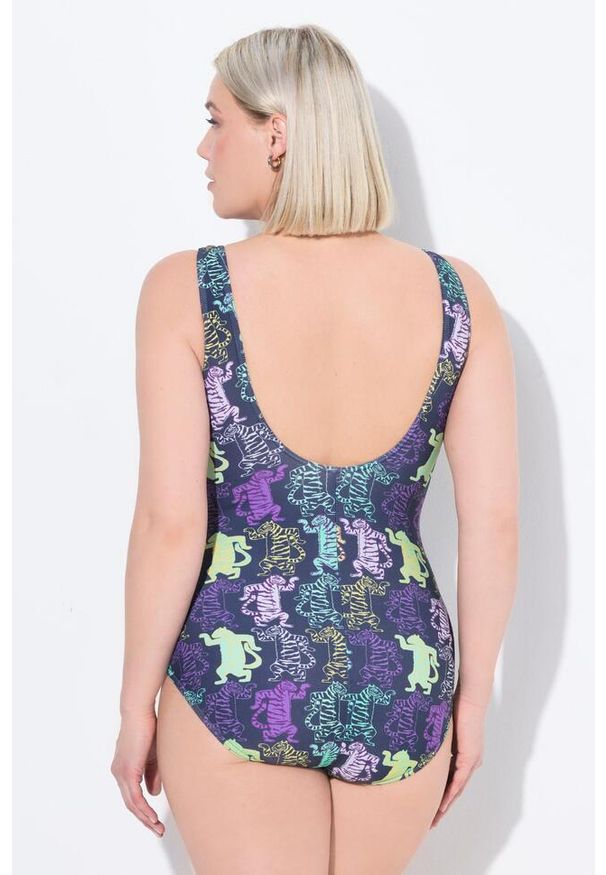 ULLA POPKEN - Damskie Kostium kąpielowy tygrysi wzór bez miękkich miseczek okrągły dekolt. Kolekcja: plus size. Kolor: wielokolorowy, niebieski, zielony. Materiał: poliamid, materiał, elastan